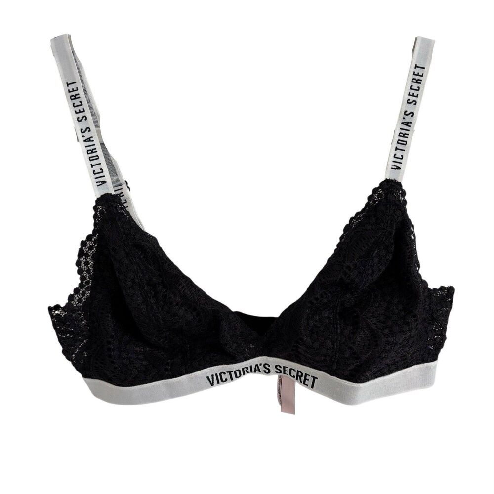 Victoria's Secret Lace Bralette Large‎ Black White Logo Straps Sexy